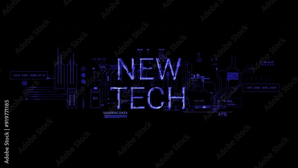 New tech HUD word text appear style of computer scifi Data Information internet 2D graphic animation. Artificial intelligence motherboard circuit Technology infographic elements. blue New tech HUD word text appear style of computer scifi Data Information internet 2D graphic animation. Artificial intelligence motherboard circuit Technology infographic elements. blue