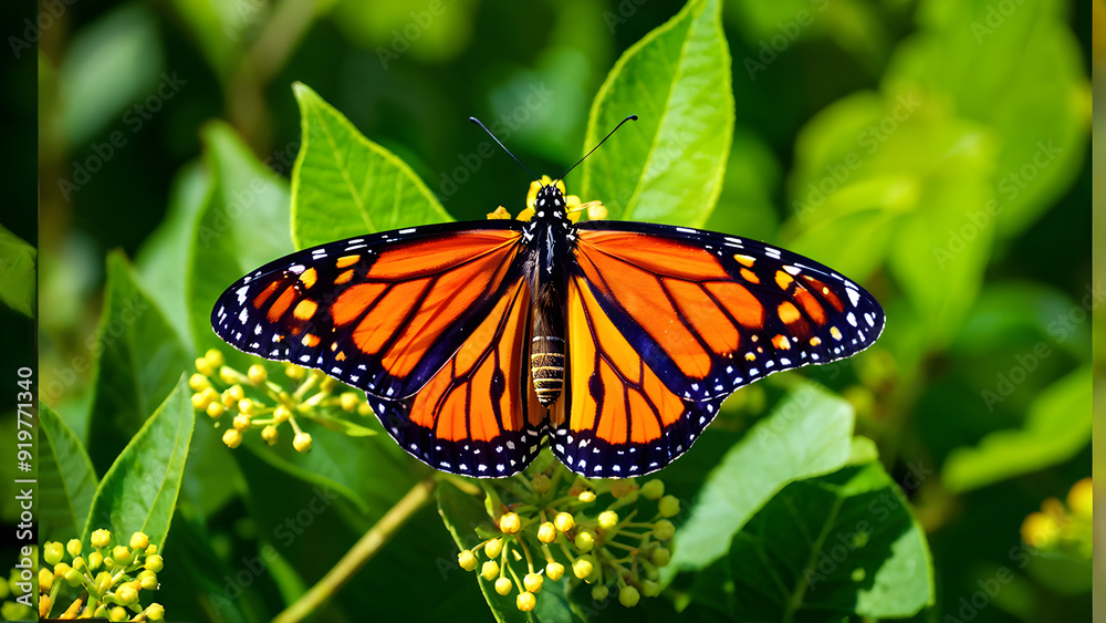 Obraz premium A vibrant monarch butterfly perched on a milkweed plant, with orange and black wings contrasting against the bright green leaves