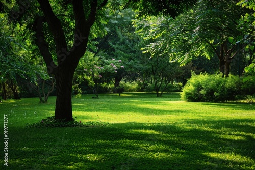 Park Setting. Serene Landscape with Forest Trees and Lush Green Grass