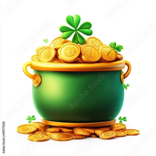 Golden Pot of Coins with Shamrock Decoration on White Background photo