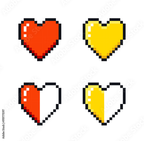 Set of pixel art hearts for video games. Health indicator.