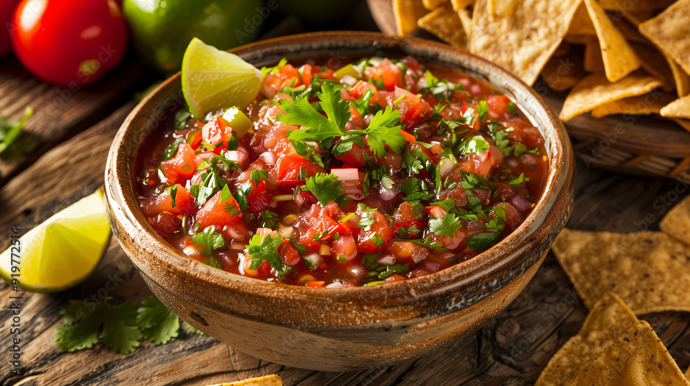 a bowl of spicy homemade salsa, garnished with cilantro and lime wedges, accompanied by a basket of tortilla chips on a rustic wooden table a bowl of spicy homemade salsa, garnished with cilantro and lime wedges, accompanied by a basket of tortilla chips on a rustic wooden table
