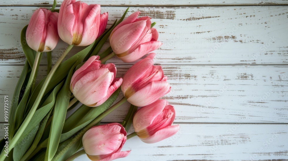 Fresh pink tulips lying on a white rustic wooden surface Fresh pink tulips lying on a white rustic wooden surface