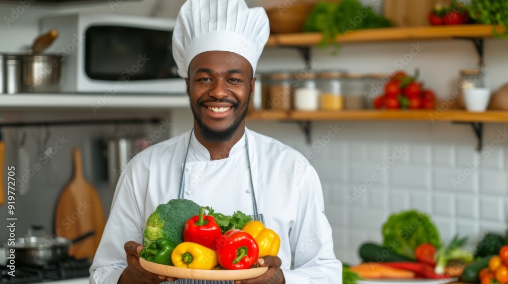 Smiling chef in a bright, clean kitchen Smiling chef in a bright, clean kitchen