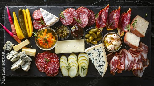 a charcuterie board with a selection of cheeses, cured meats, and fermented vegetables like pickled onions and cornichons, beautifully arranged on a dark slate board