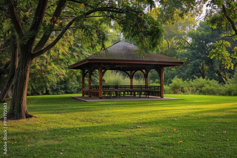 Pavilion in the Park: A Colorful Picnic Spot in Green Landscape Pavilion in the Park: A Colorful Picnic Spot in Green Landscape