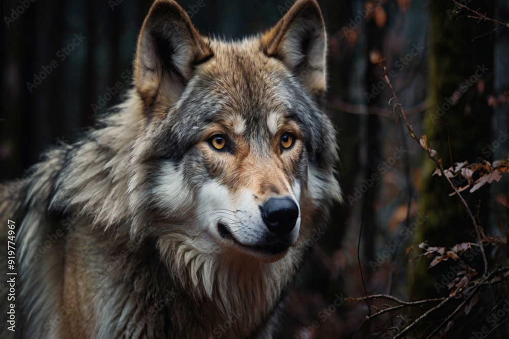 Portrait of a gray wolf in the forest watching its prey Portrait of a gray wolf in the forest watching its prey