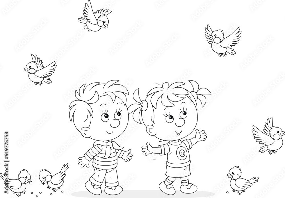 Happy little girl and boy playing with a small flock of merry sparrows and titmice in a park, black and white outline vector cartoon illustration for a coloring book page Happy little girl and boy playing with a small flock of merry sparrows and titmice in a park, black and white outline vector cartoon illustration for a coloring book page