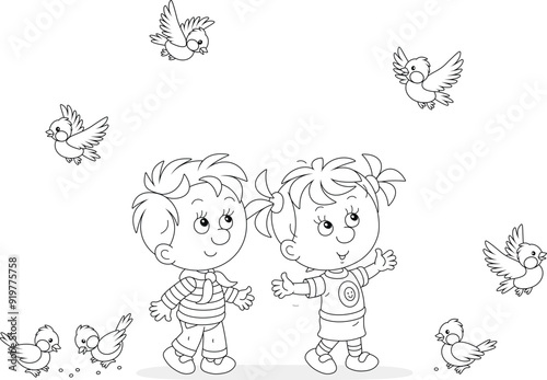 Happy little girl and boy playing with a small flock of merry sparrows and titmice in a park, black and white outline vector cartoon illustration for a coloring book page
