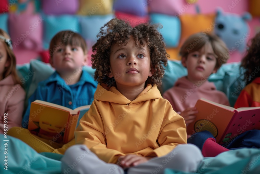 Fototapeta premium Children Enthralled by Storytime in Cozy Reading Nook During Cozy Afternoon