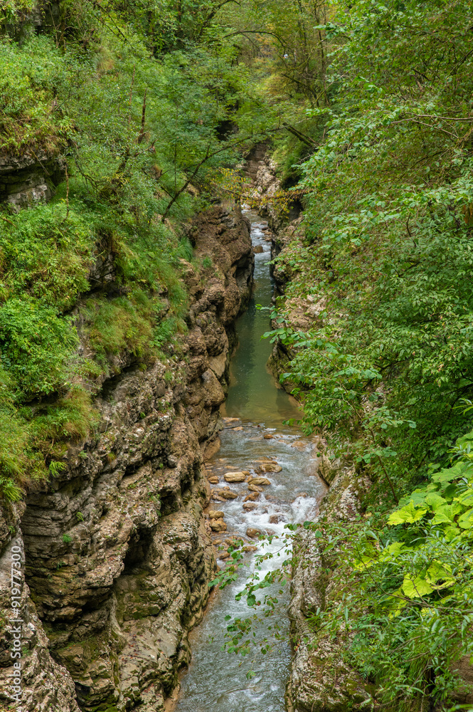 Mountain river with transparent foamy water and rocky bottom Mountain river with transparent foamy water and rocky bottom