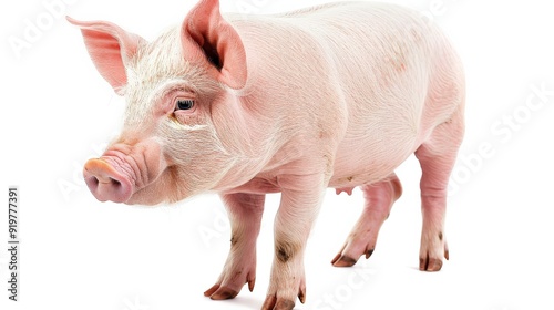 Pig Isolated on White Background. Cute and Young Farm Animal