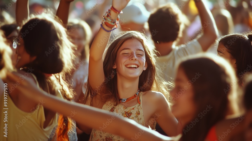 Young girl joyfully dancing among a vibrant crowd at an outdoor festival during sunset Young girl joyfully dancing among a vibrant crowd at an outdoor festival during sunset