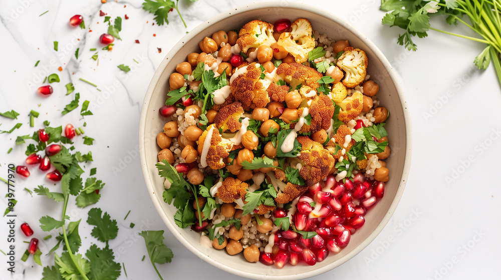 a colorful millet bowl featuring roasted cauliflower, chickpeas, pomegranate seeds, and a tahini drizzle, presented on a white marble countertop with fresh herbs around