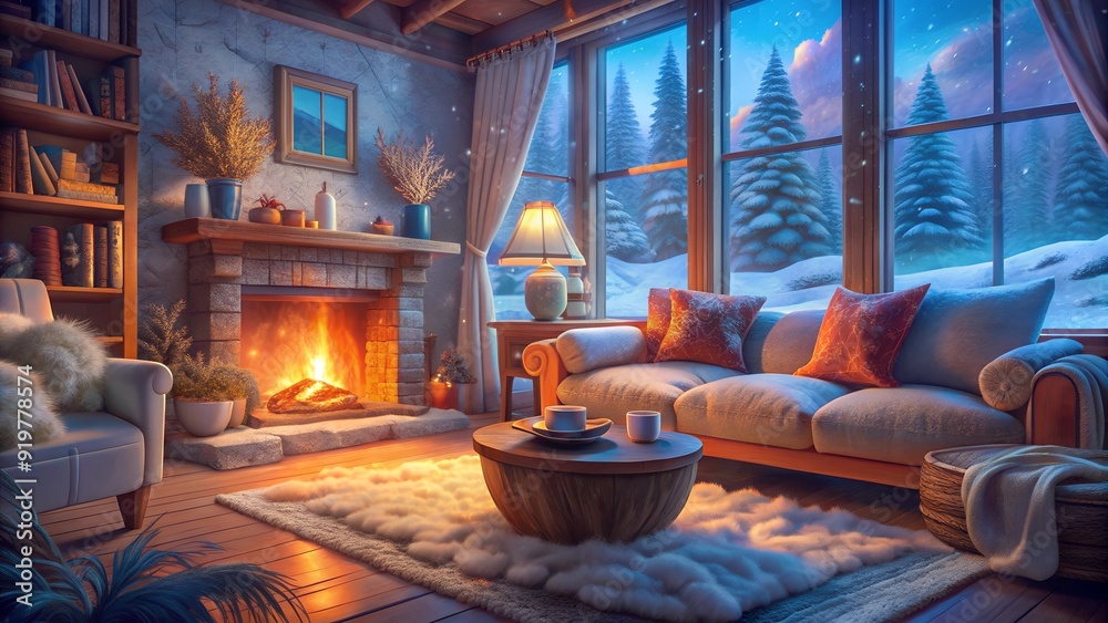 Rustic Living Room with Fireplace and Snowy Forest View, Warm and Inviting Atmosphere Rustic Living Room with Fireplace and Snowy Forest View, Warm and Inviting Atmosphere