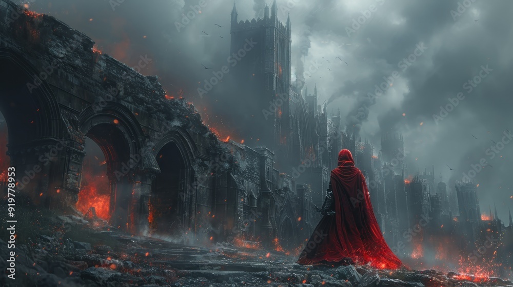 A lone figure in a burning city A lone figure in a burning city