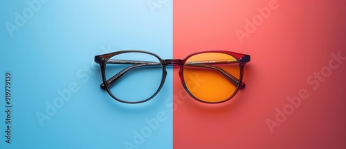 Black framed glasses on a blue and red background. photo