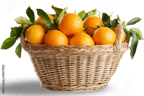 Beautiful arrangement of oranges in a basket, with attached leaves, set against a transparent background for appealing fruit displays.