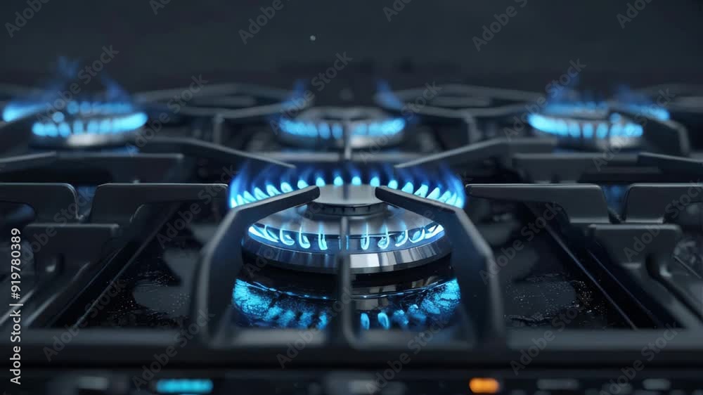 4K video showcases modern gas stoves with blue flames, symbolizing the global cost and usage of gas. It highlights the significance of gas in daily life and the fluctuating prices worldwide