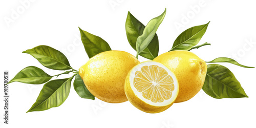 Wallpaper Mural Detailed image of juicy lemons with their leaves, showcasing natural textures and colors, isolated against a clean transparent backdrop, ideal for culinary marketing. Torontodigital.ca