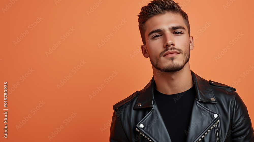 An attractive young man in his 20s wearing a black leather jacket, against an orange background. An attractive young man in his 20s wearing a black leather jacket, against an orange background.