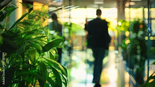 People walking on green office space, motion blur effect, environment concept