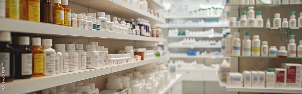 Rows of well-stocked pharmacy shelves filled with various medications and healthcare products in a medical store. Rows of well-stocked pharmacy shelves filled with various medications and healthcare products in a medical store.