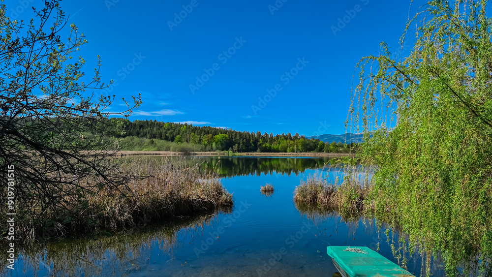 Serene lake scene at Kleinsee in Klopein, Carinthia, Austria. Crystal-clear blue water reflecting vibrant blue sky. Lush green trees line shore. Small floating dock at lakeshore. Atmosphere peaceful Serene lake scene at Kleinsee in Klopein, Carinthia, Austria. Crystal-clear blue water reflecting vibrant blue sky. Lush green trees line shore. Small floating dock at lakeshore. Atmosphere peaceful