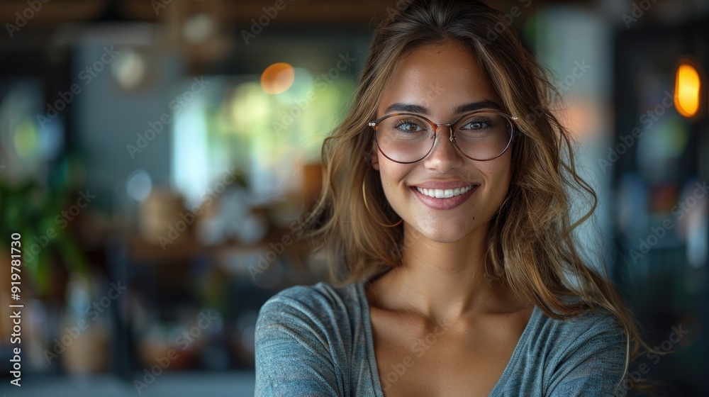 Smiling Woman with Glasses in a Cafe Smiling Woman with Glasses in a Cafe