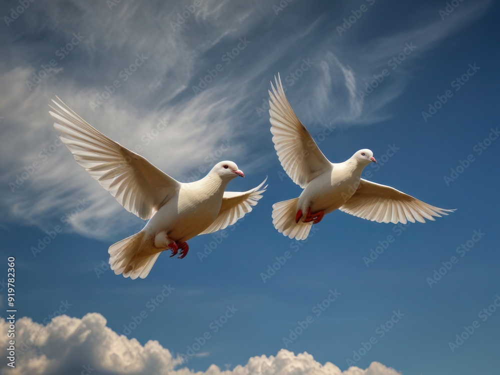 Obraz premium Graceful white doves soaring against a serene blue sky background