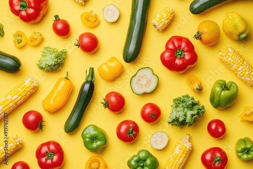 A vibrant mix of summer vegetables on a bold yellow background.