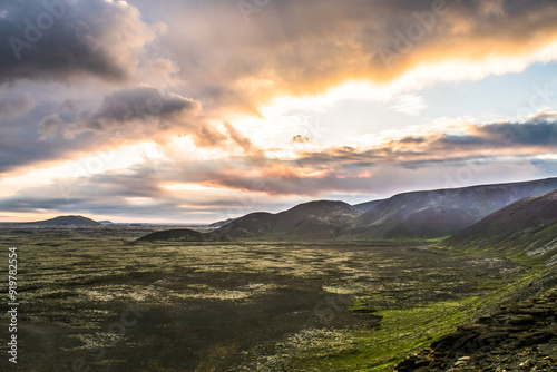 volcano in Grindavik erupting and lava magma flowing to the hills of iceland