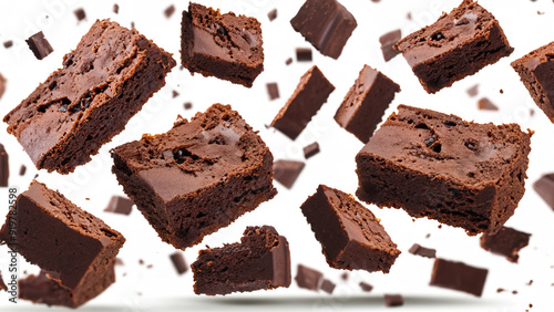 Pieces of chocolate brownies floating or falling isolated on transparent background