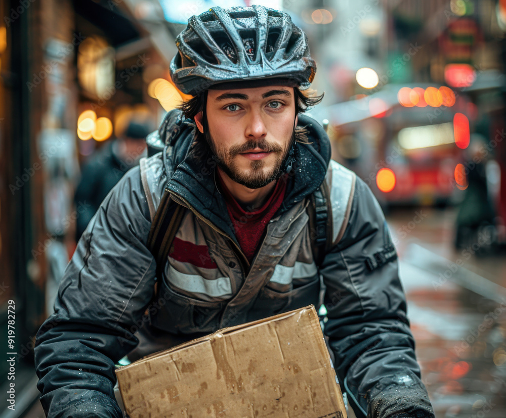 Delivery man on bicycle navigating city streets while transporting a package Delivery man on bicycle navigating city streets while transporting a package