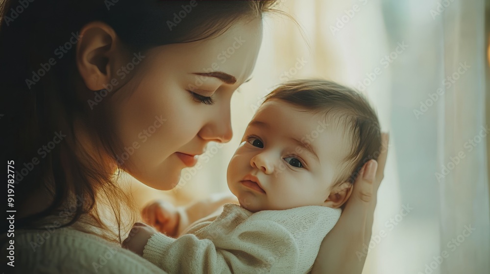 Mother s day concept  mom gazing lovingly at newborn in display of unconditional maternal affection