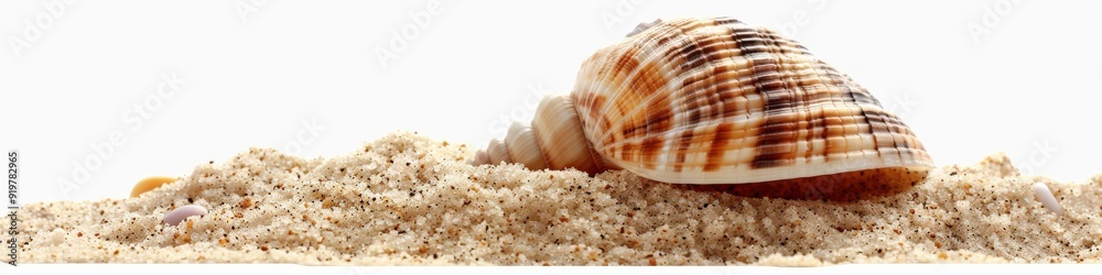 Shell In Sand. Sea Animal Seashell on White Background Shell In Sand. Sea Animal Seashell on White Background