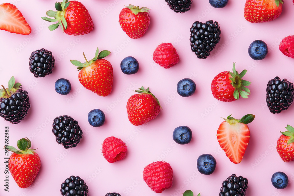 A fresh flat lay of spring berries like strawberries, blueberries, and raspberries. A fresh flat lay of spring berries like strawberries, blueberries, and raspberries.