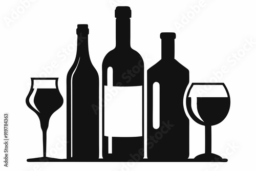 alcohol bottle and glass silhouette, beer silhouette, glass beer bottle icon