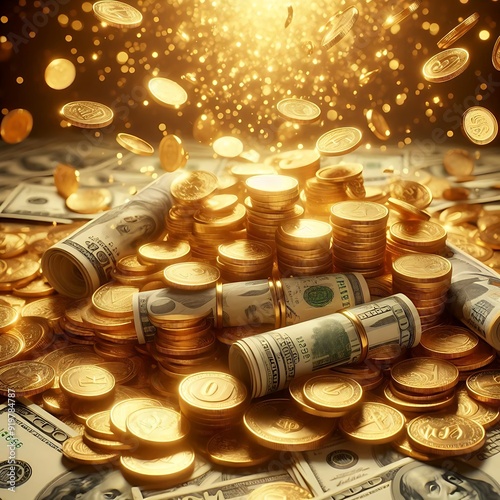 Pile of coins and banknotes with golden light background, saving money, financial business investment concept photo