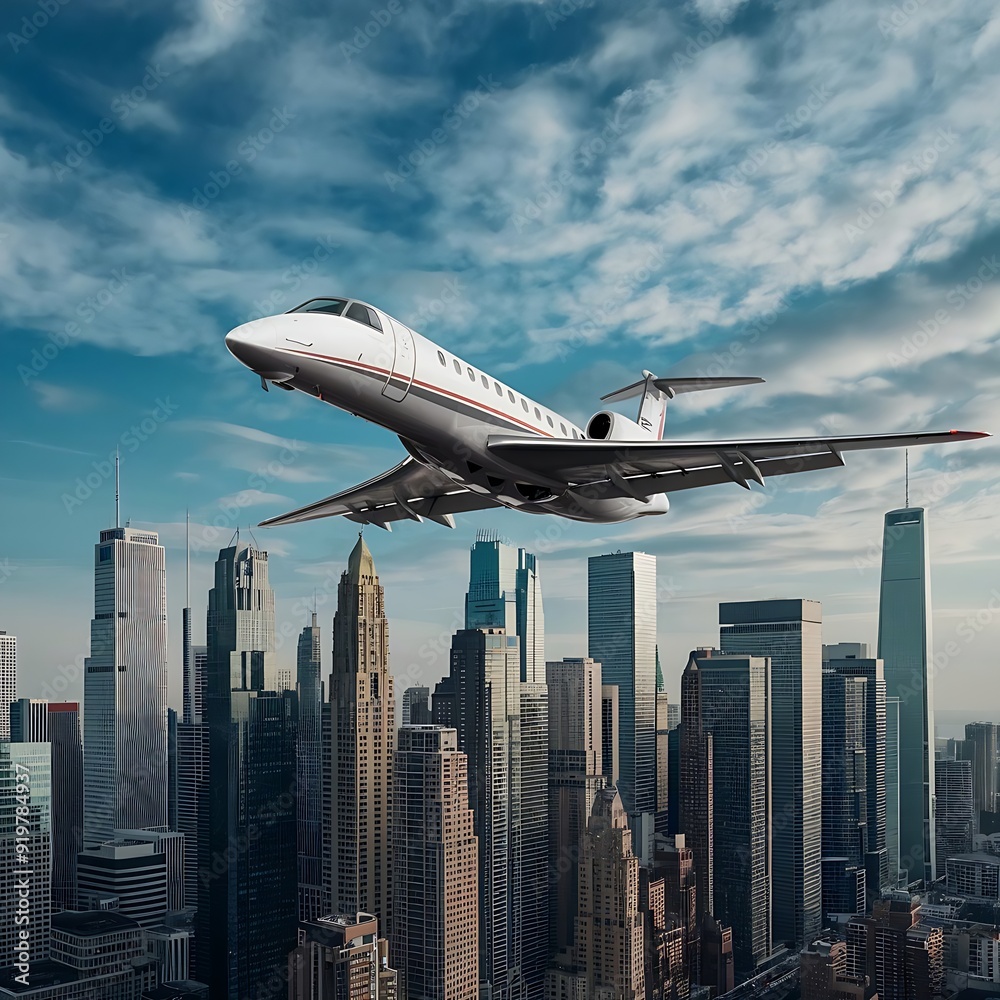 Low angle view of airplane flying low above city skyline landscape view on blue sky background Low angle view of airplane flying low above city skyline landscape view on blue sky background
