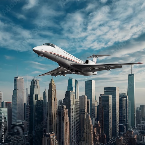 Low angle view of airplane flying low above city skyline landscape view on blue sky background