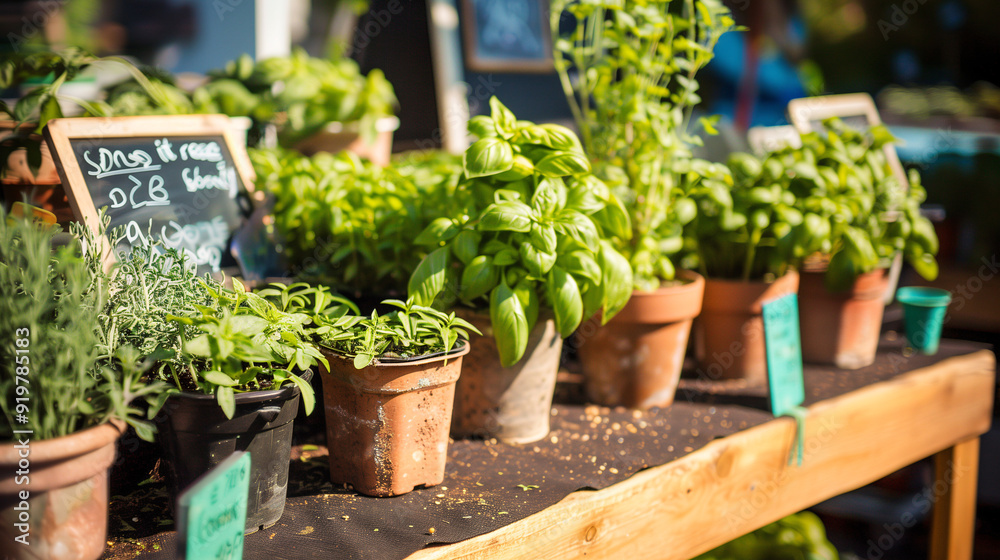 a table covered with potted herbs like basil, mint, and rosemary, with a chalkboard sign indicating their names and prices, set in a sunlit outdoor market a table covered with potted herbs like basil, mint, and rosemary, with a chalkboard sign indicating their names and prices, set in a sunlit outdoor market