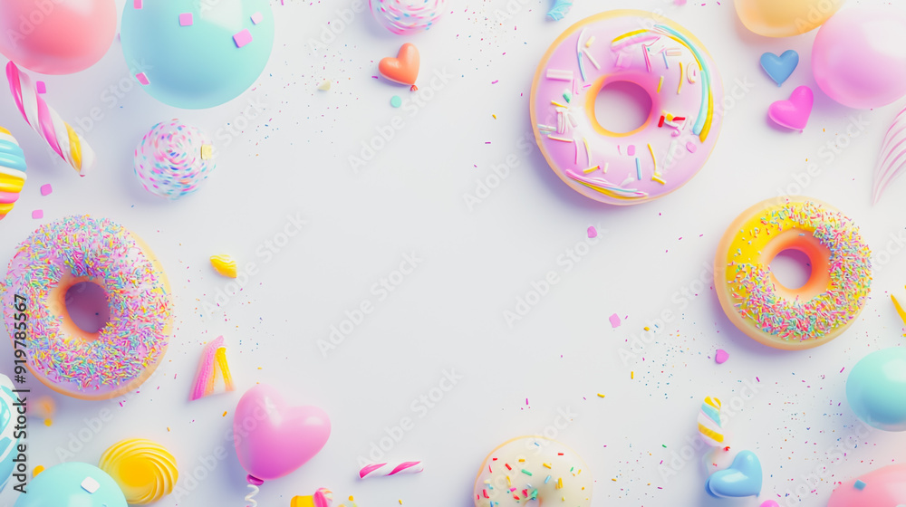 Abstract white background with pastel colorful 3D overlap layer on dark space with turkey Donuts and hearts decoration. Modern graphic design element motion style concept for banner, flyer, card, Abstract white background with pastel colorful 3D overlap layer on dark space with turkey Donuts and hearts decoration. Modern graphic design element motion style concept for banner, flyer, card,