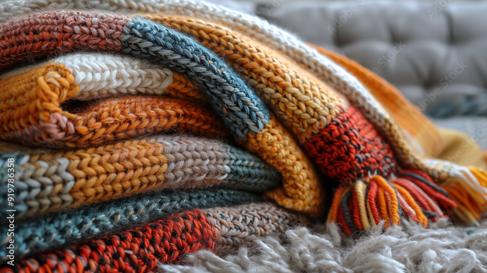 Cozy knitted blanket in vibrant autumn colors draped on sofa, showcasing intricate patterns and textures. Concept of warmth, comfort, and craftsmanship.
