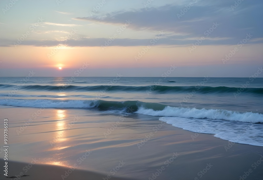 A serene ocean landscape with calm, rippling waves reflecting the warm, pastel-colored sky and bright sun in the distance A serene ocean landscape with calm, rippling waves reflecting the warm, pastel-colored sky and bright sun in the distance