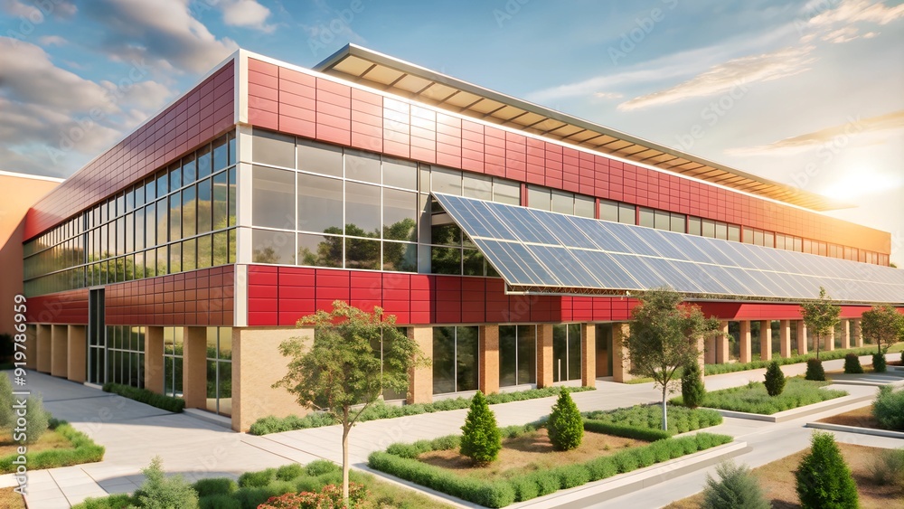 Modern Red Office Building with Solar Panels, Sustainable Design in Urban Setting Modern Red Office Building with Solar Panels, Sustainable Design in Urban Setting