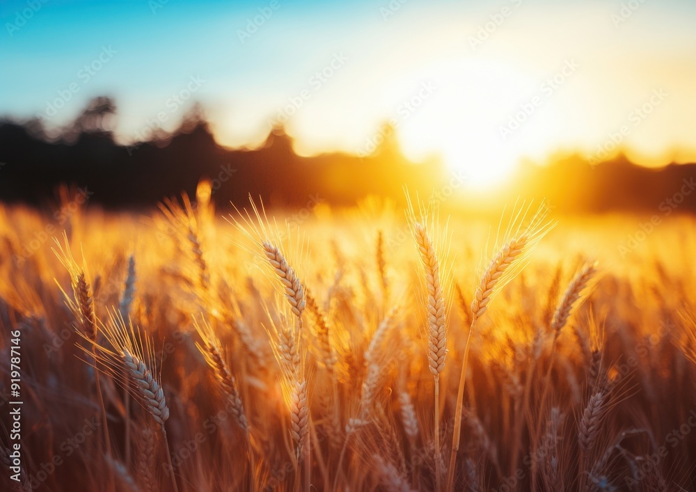 A serene landscape of a field of golden wheat, gently swaying in the breeze, ready for harvest, with the sun setting in the background, creating a warm, golden glow A serene landscape of a field of golden wheat, gently swaying in the breeze, ready for harvest, with the sun setting in the background, creating a warm, golden glow