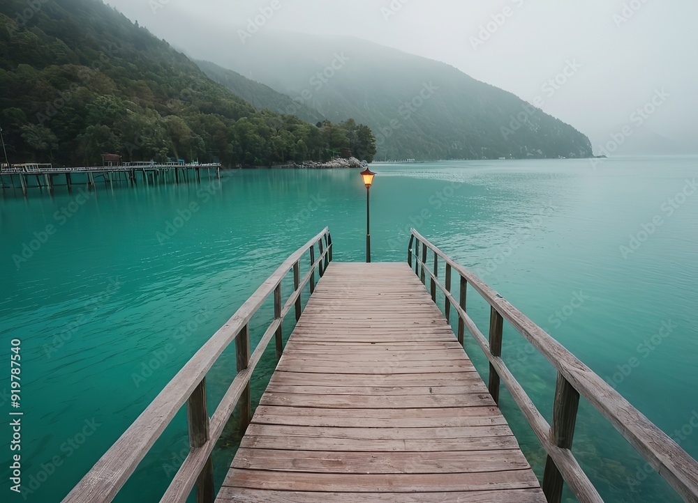 A Beautiful Serene Lake View Featuring a Wooden Pier Set Within a Misty Landscape Scene A Beautiful Serene Lake View Featuring a Wooden Pier Set Within a Misty Landscape Scene