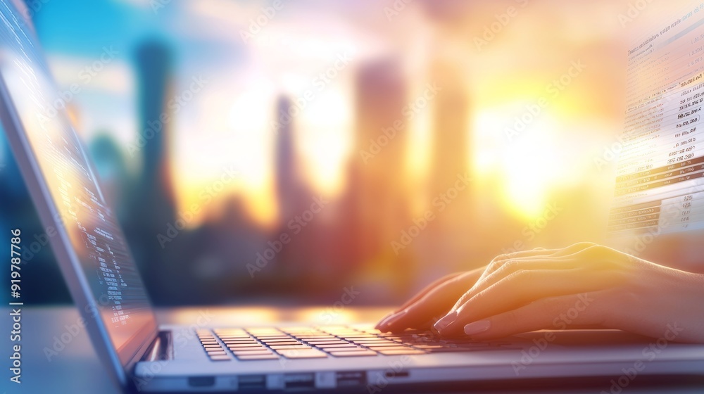 a person typing on laptop with city in the background