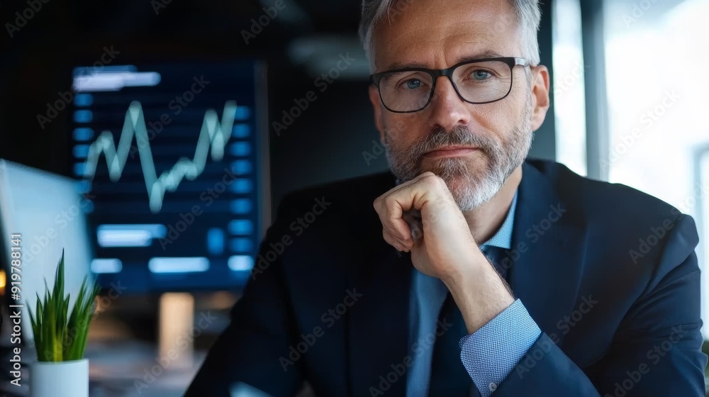 a man in suit and glasses sitting at desk with computer a man in suit and glasses sitting at desk with computer